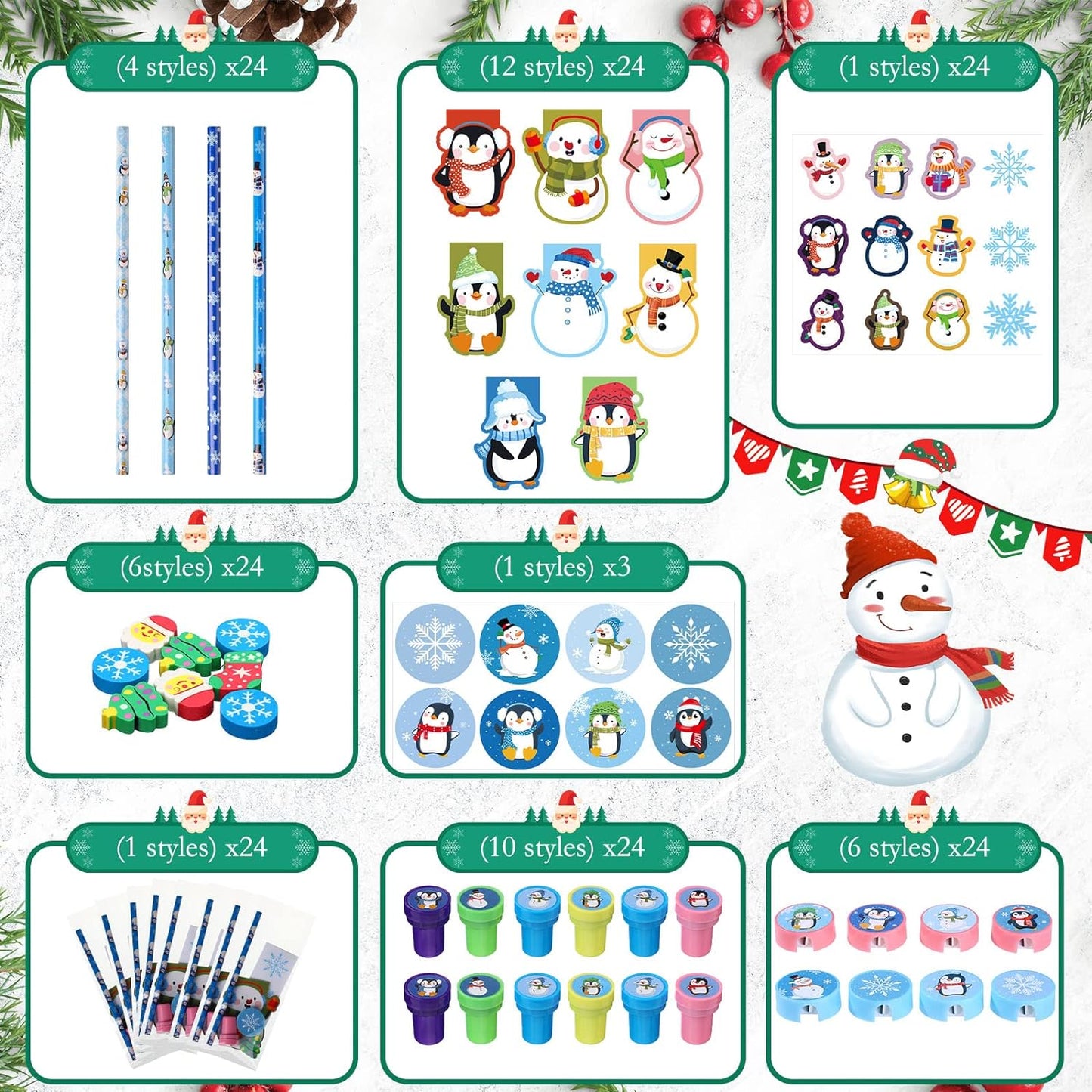 192 Pieces Christmas School Stationery Set Xmas Classrooms Exchange Stationery Gifts Party Favors Class Reward Prizes Notebooks Pencils Sharpener Erasers Stickers Stamps for Party Supplies (Snow)