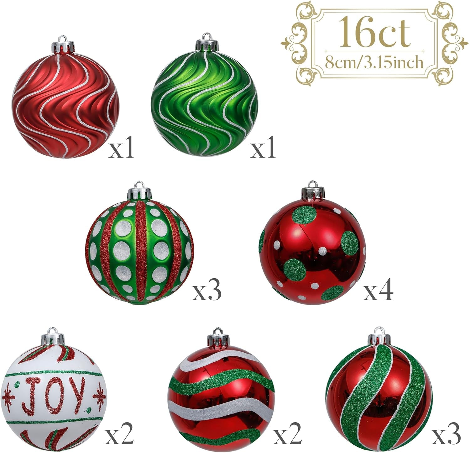 Christmas Ornaments Set, 16Ct Red Green White Shatterproof Christmas Tree Decorations Ball Ornaments Bulk, 3.15 Inch Hanging Ornaments for Xmas Trees Holiday Party Decor