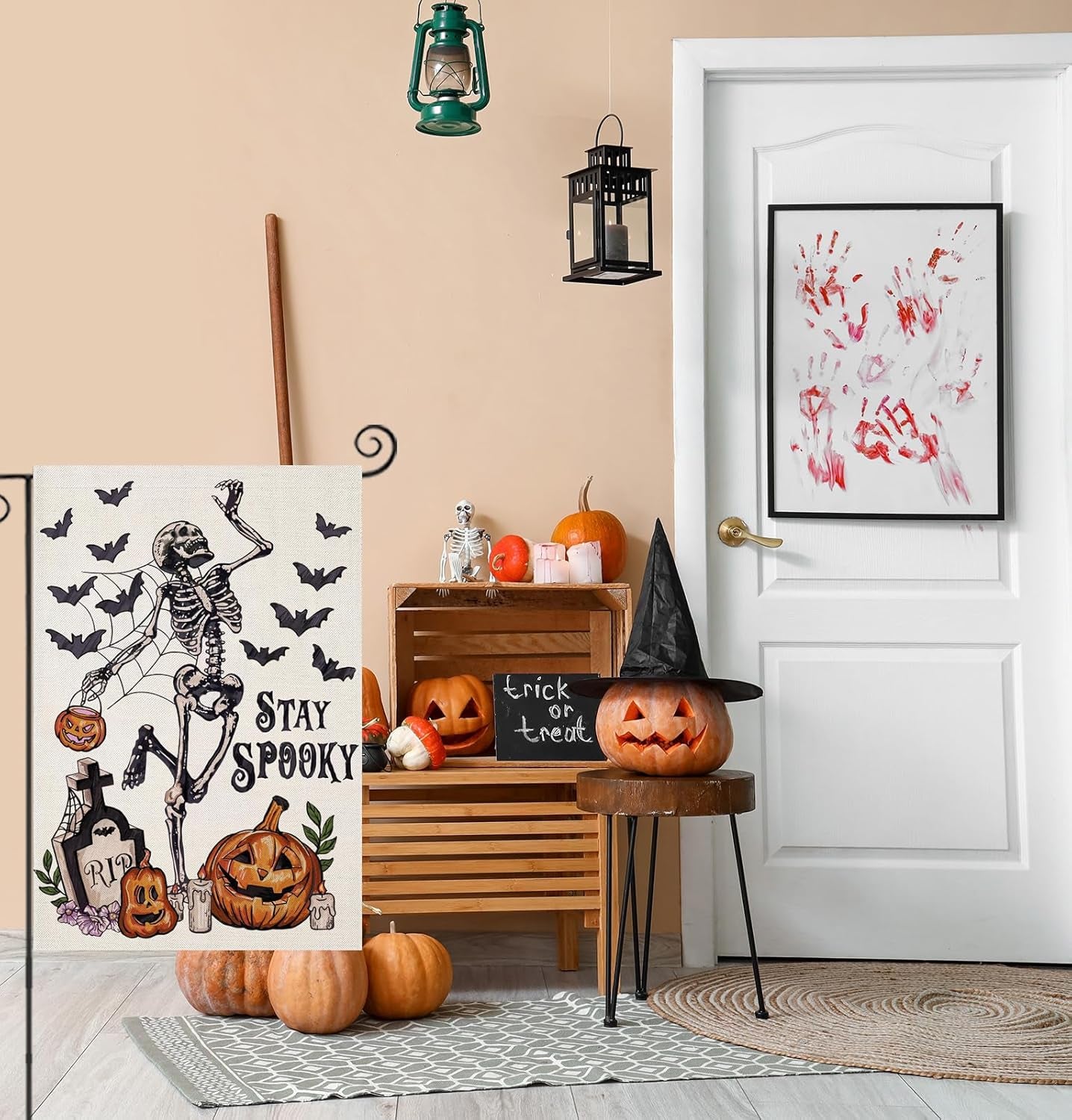 Halloween Garden Flags for outside Decoration, STAY SPOOKY Skeleton with Pumpkin Small Yard Flag for Outdoor Decor 12X18 Inch Vertical Double Sided