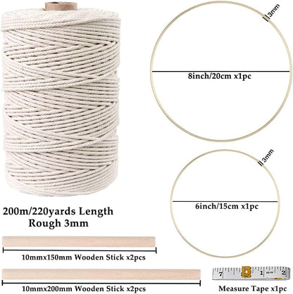 152Pcs Macrame Kits for Beginners 3Mm X 220Yards Natural Cotton Macrame Cord with Wooden Beads,Wooden Rings,Wooden Sticks,Metal Rings Macrame Supplies Best for Macrame Plant Hanger