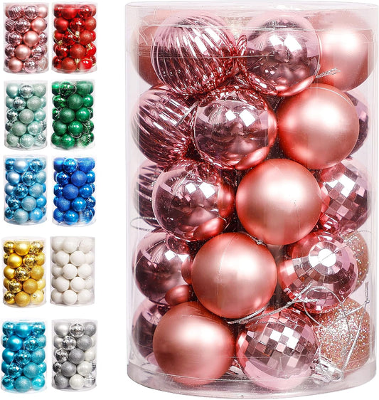 Christmas Ball Ornaments, 34 Ct 1.57" Pre-Strung Hanging Ornament Decorations, Xmas Holiday Hanging Balls, Pink