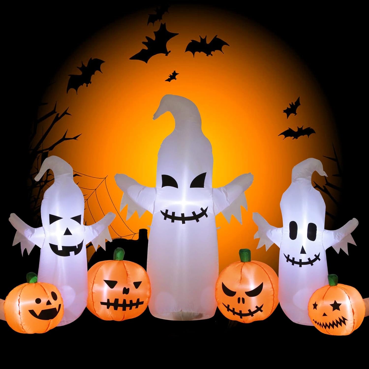 Halloween Inflatable Ghosts Pumpkins, 8 FT Long 4.5 FT Tall, Inflatable Yard Decorations Outdoor Holiday Decorations, Built-In LED Lights