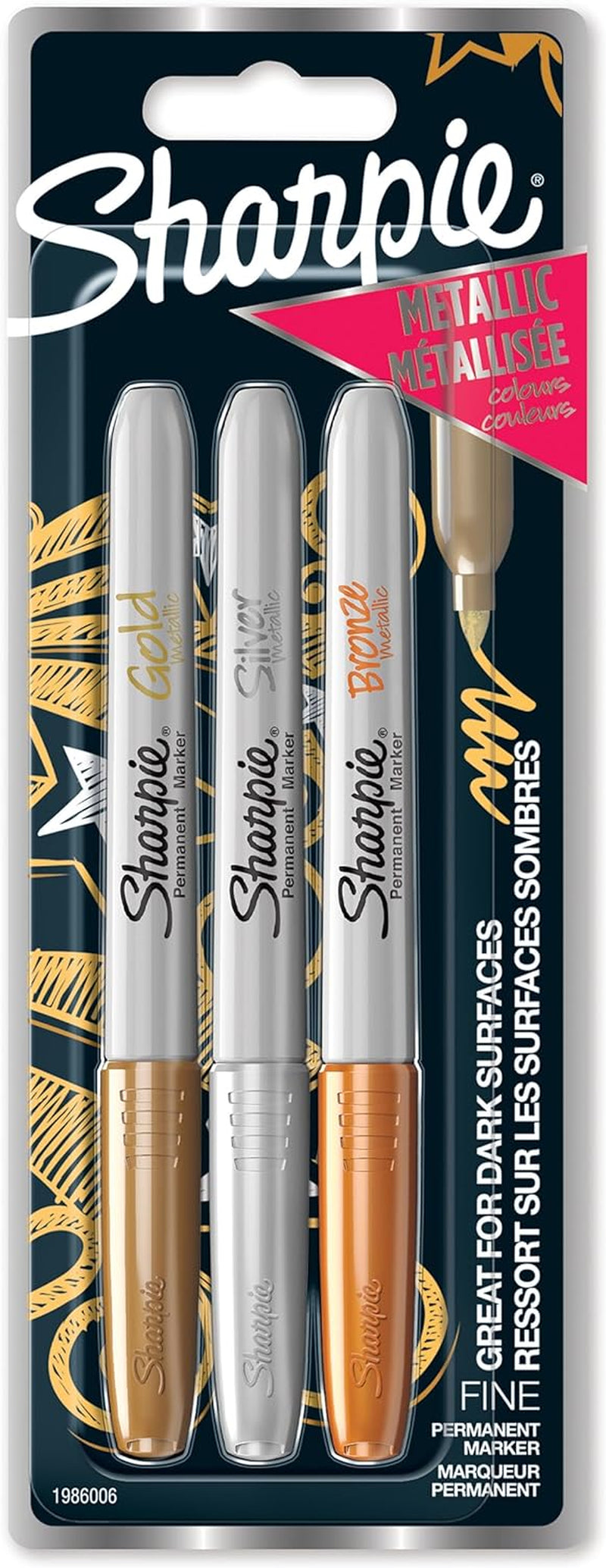 Permanent Markers, Fine Point for Bold Details, Assorted Metallic Colours, 3 Marker Pens