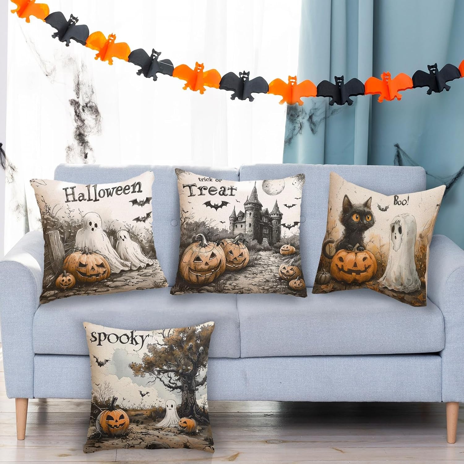 Halloween Pillow Covers 18X18 Set of 4, Boo Throw Pillow Coves Trick or Treat Ghost Evil Pumpkin Home Decor for Pillow Case Happy Halloween Cushion Case for Sofa Couch