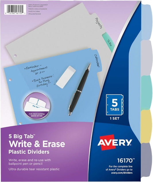 Big Tab Write & Erase Durable Plastic Dividers for 3 Ring Binders, 5-Tab Set, Pastel Multicolor, 1 Set (16170)