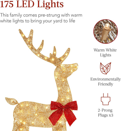 4Ft 3-Piece 2D Lighted Christmas Deer Family Set, Large Outdoor Yard Reindeer Holiday Decoration with 175 LED Lights, Stakes, Zip Ties - White