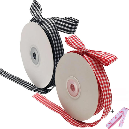 2 PACK 50 Yards 5/8" Black and White Gingham Ribbon + Red and White Buffalo Check Ribbon, Party Craft Decoration Ribbon, 5/8 Inch Polyester Woven Edge Roll for Hair Accessories Craft and Gift Wrapping