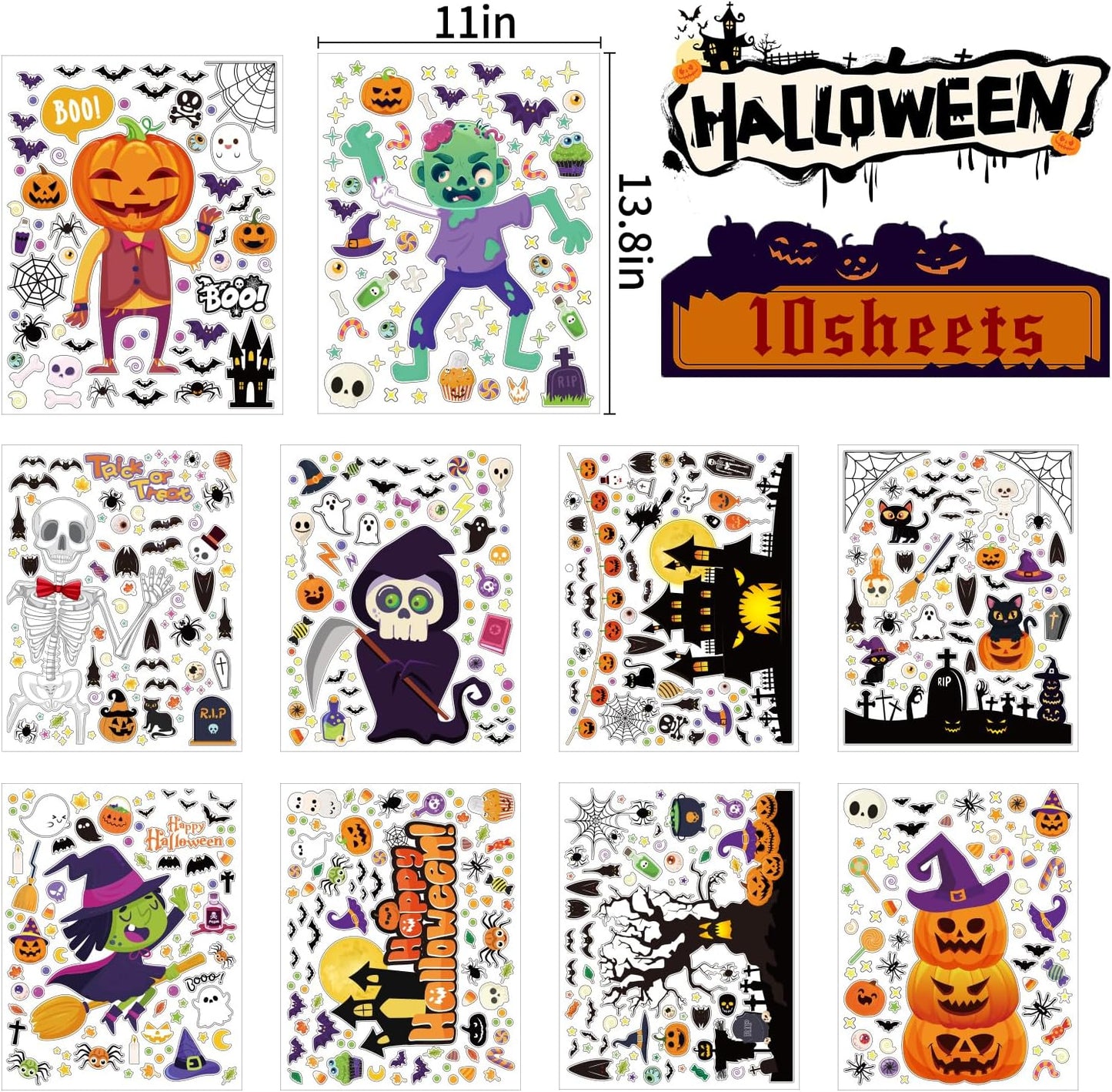 Halloween Decorations 743 PCS Halloween Window Clings, 10 Sheets Cute Halloween Window Decorations, Large Halloween Window Stickers Double-Sided Removable Window Decals, for Kids Party Decorations