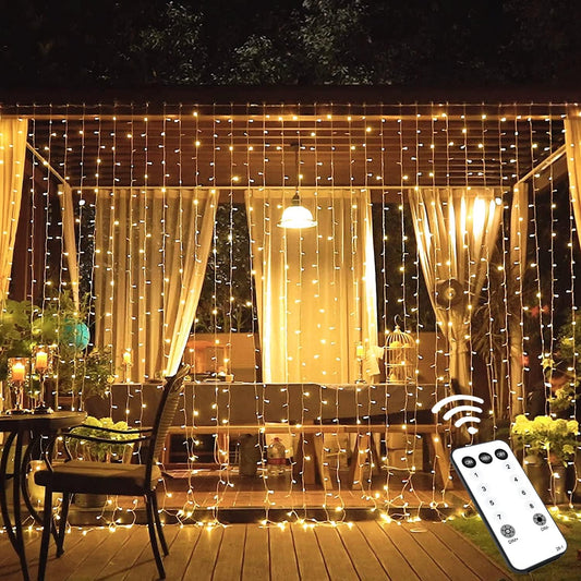 600 LED Christmas Curtain Lights Outdoor, 9.5X19.6Ft Christmas String Lights Plug in with Remote, 8 Modes Wall Hanging Lights for Bedroom Party Backdrop Wedding Christmas Decor, Warm White