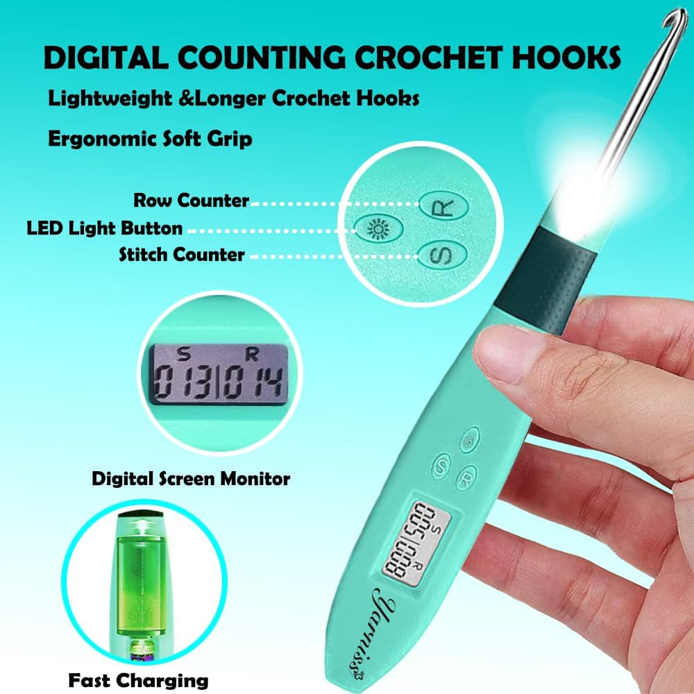 18 Size Counting Crochet Hooks with Light, Digital Counter Crochet Hooks Set with Case (2.0Mm~14.0Mm)