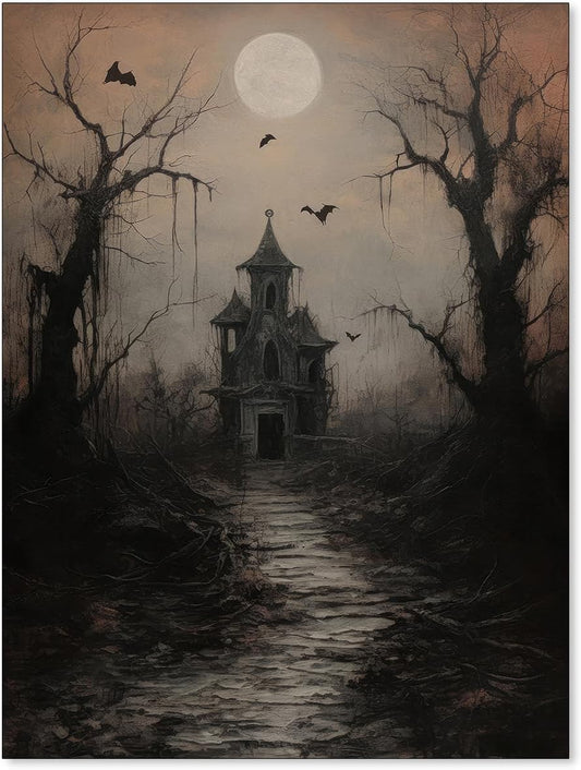 Dark Academia Wall Art Gothic Halloween Poster Vintage Haunted House Canvas Prints Goth Spooky Painting Dark Rustic Wall Decor 12X16Inch Unframed