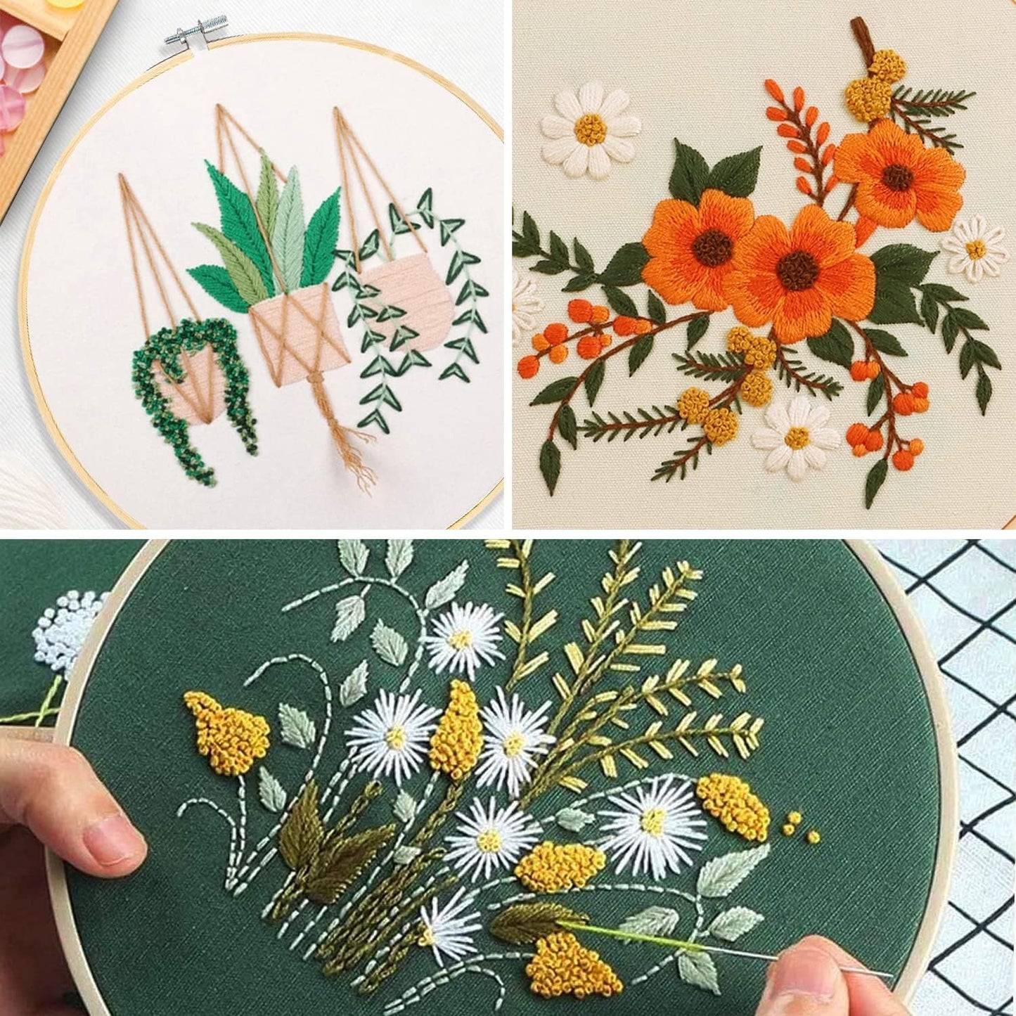 3 Sets Embroidery Kit for Beginners Needlepoint Cross Stitch Kits for Adults,Stitch Learning DIY Kit with Easy Instruction Video,Stamped Floral Embroidery Patterns,Hoop,Threads,Sewing Hobby