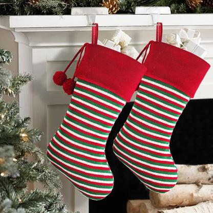 2 Pack 18'' Large Size Heavy Knit Christmas Stockings with Pom Pom Balls, Rustic Xmas Knitted Personalized Stocking Decoration for Family Holiday Season Décor, Red Green Beige Stripe