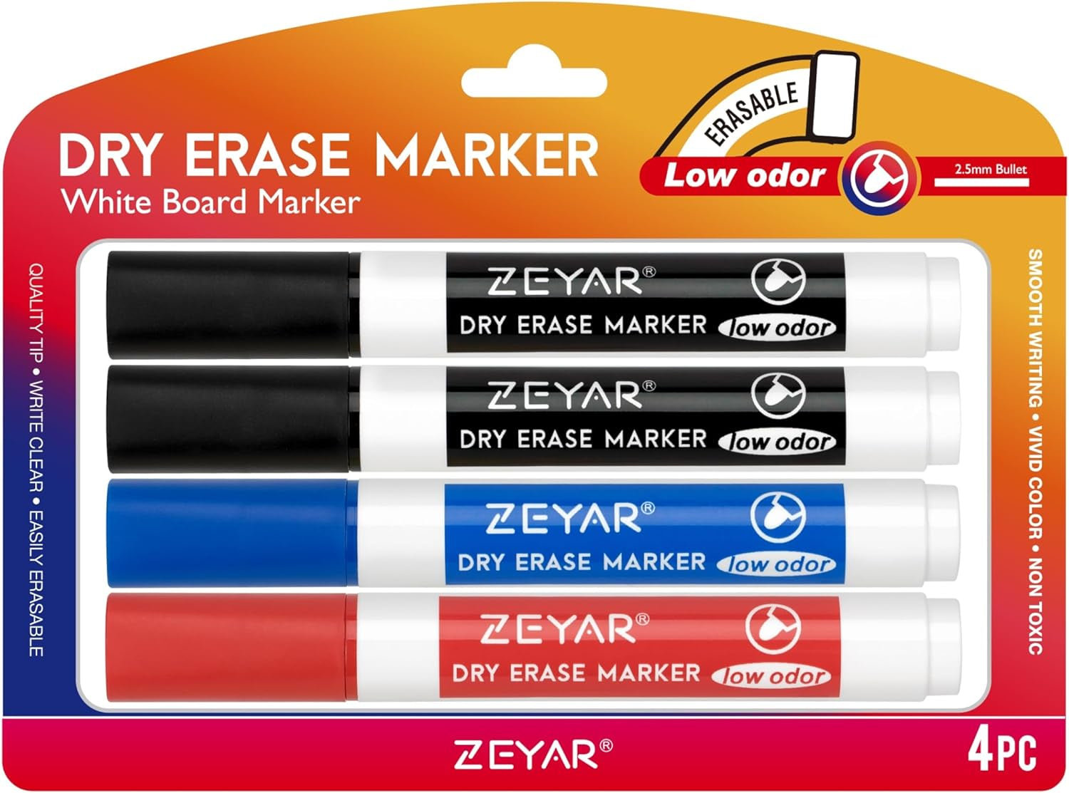 Low Odor Dry Erase Marker, Bullet Tip White Board Marker, 4 Count (2 Black,Blue,Red)