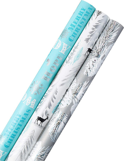 Christmas Wrapping Paper Bundle with Cutlines on Reverse (3 Rolls: 80 Sq. Ft. Ttl) Teal and Silver, Elegant Woodland with Deer, Holographic Pinecones