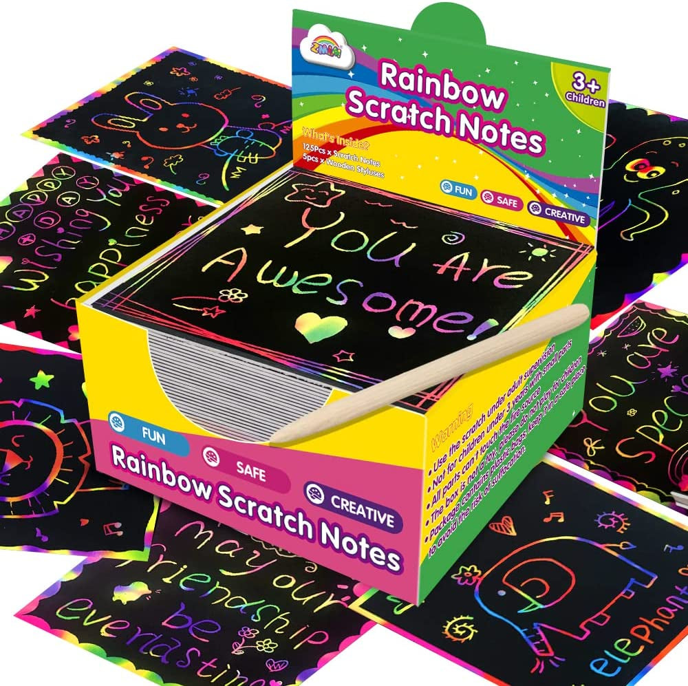 Rainbow Scratch Mini Art Notes - 125 Magic Scratch Paper Note Cards for Kids Toy Arts Crafts DIY Party Favor Supplies for Girls Boys Birthday Halloween Christmas Stocking Stuffer Gift Box