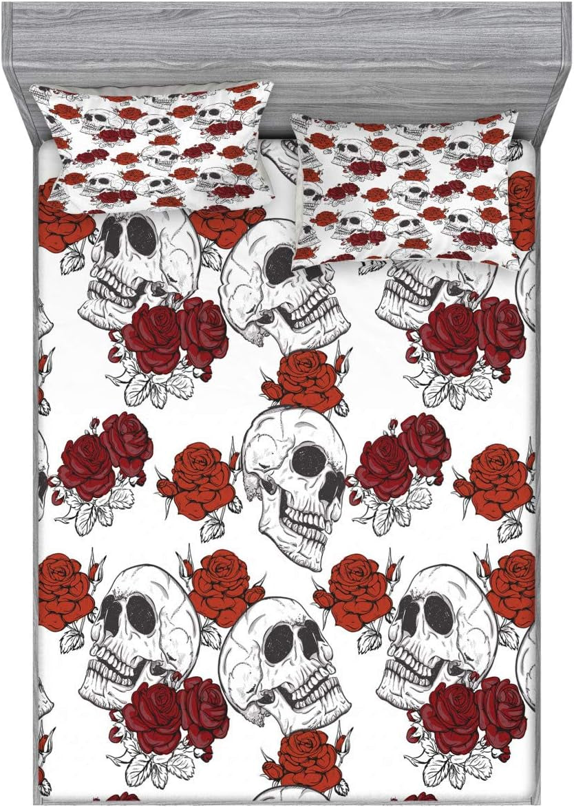 Skull Fitted Sheet & Pillow Sham Set, Retro Gothic Dead Head Skeleton with Roses Halloween Theme Spooky Trippy Romantic, Decorative Printed 3 Piece Bedding Decor Set, Full, Grey