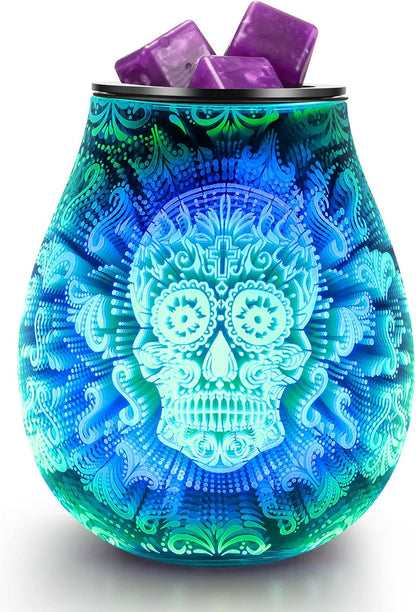 Skull Halloween Scentsy Warmer 3D Glass Electric Wax Melt Warmer with 7 Colour Cycle Changing LED Light PTC Heating Removable Silicone Tray Aroma Fragrance Lamp Gift Present…