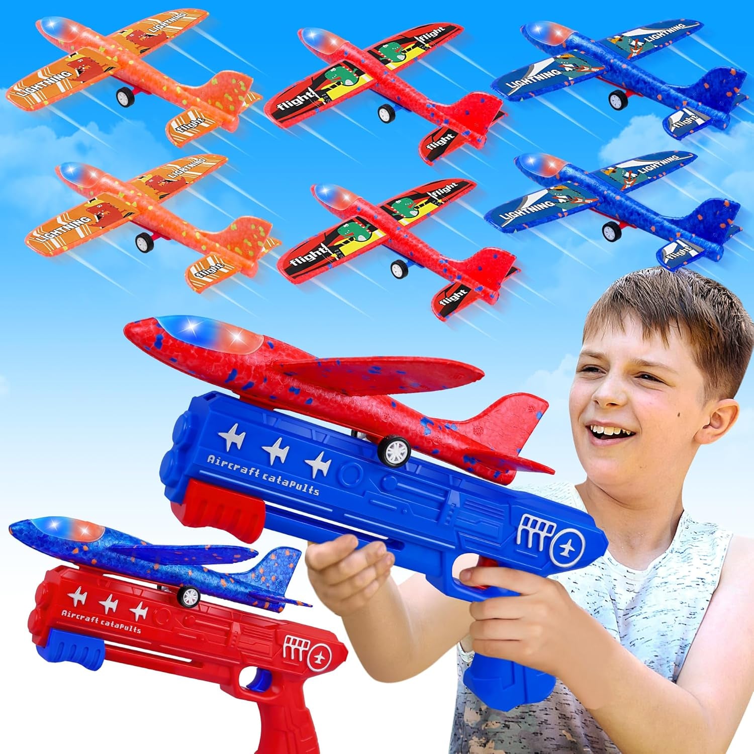 6 Pack Airplane Launcher Toys, 2 Flight Modes LED Foam Glider Catapult Plane, Outdoor Flying Toy for Kids, Birthday Gifts for Boy Girl 4 5 6 7 8 9 10 11 12 Year Old, B-Day Party Supplies