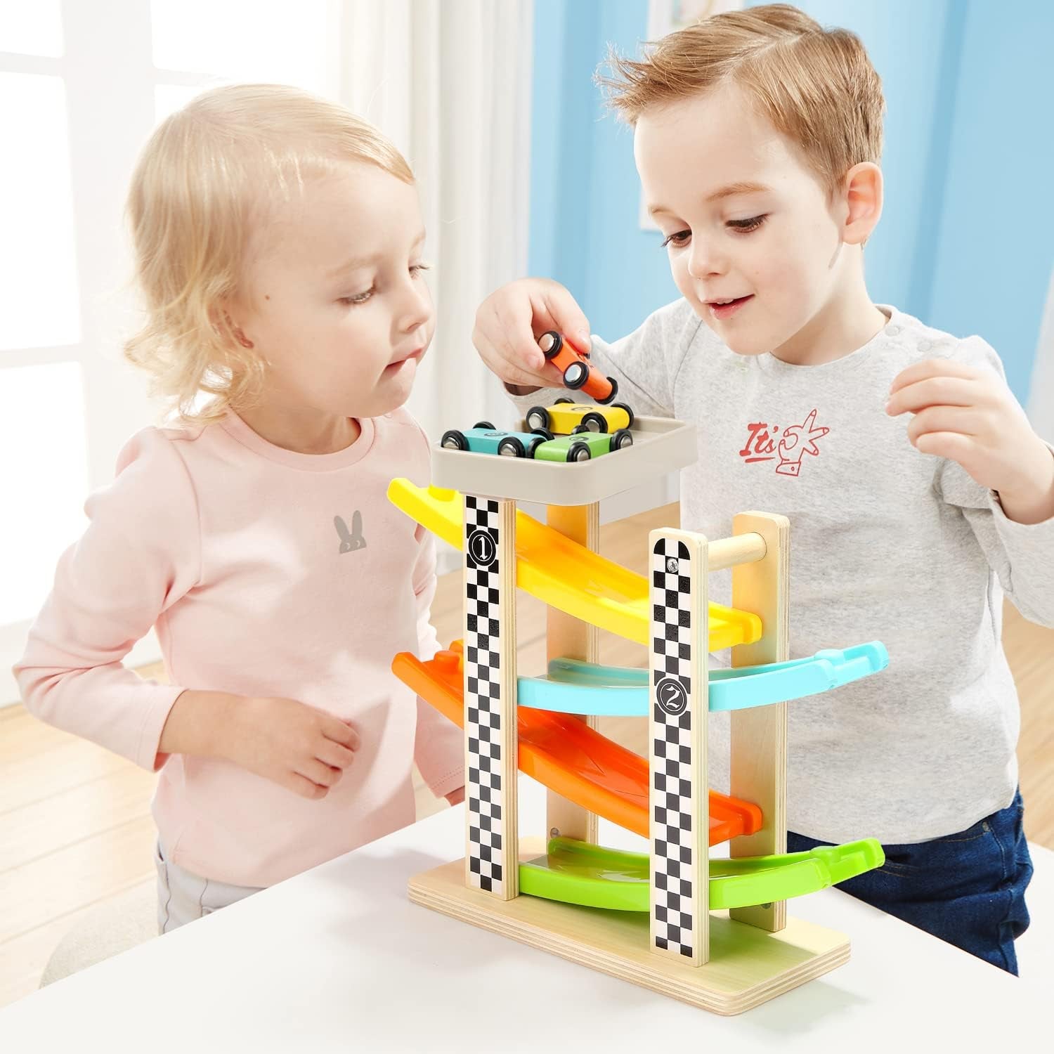 Toddler Toys for 1 2 Year Old Boy and Girl Gifts Wooden Race Track Car Ramp Racer with 4 Mini Car