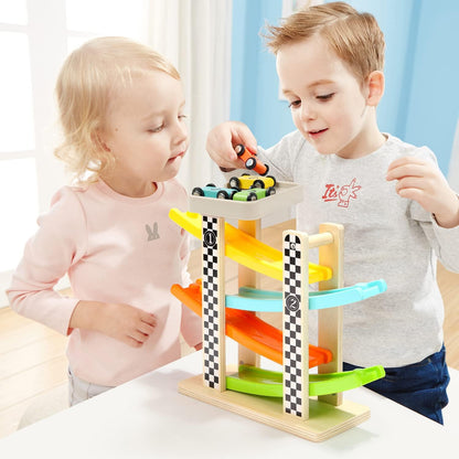 Toddler Toys for 1 2 Year Old Boy and Girl Gifts Wooden Race Track Car Ramp Racer with 4 Mini Car