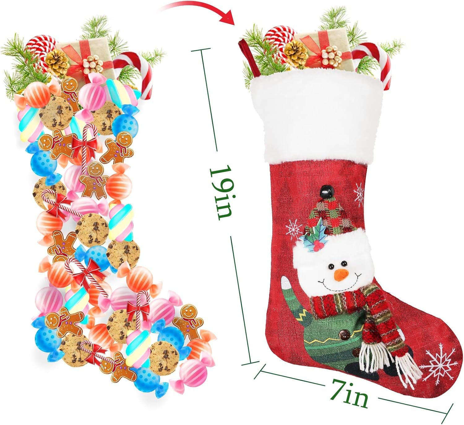 Christmas Stockings 4 Pack, 19'' Xmas Stockings with Snowflake Santa Snowman Reindeer Penguin and Plush Faux Fur Cuff Stockings for Stairs Fireplace Hanging Xmas Home Decor