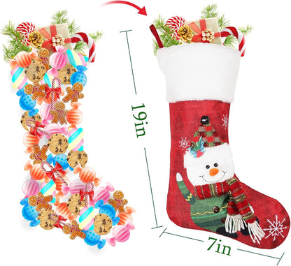 Christmas Stockings 4 Pack, 19'' Xmas Stockings with Snowflake Santa Snowman Reindeer Penguin and Plush Faux Fur Cuff Stockings for Stairs Fireplace Hanging Xmas Home Decor