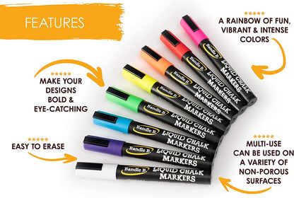 Chalk Markers - 8 Vibrant, Erasable, Non-Toxic, Water-Based, Reversible Tips, for Kids & Adults for Glass or Chalkboard Markers for Businesses, Restaurants, Liquid Chalk Markers (Vibrant 6Mm)