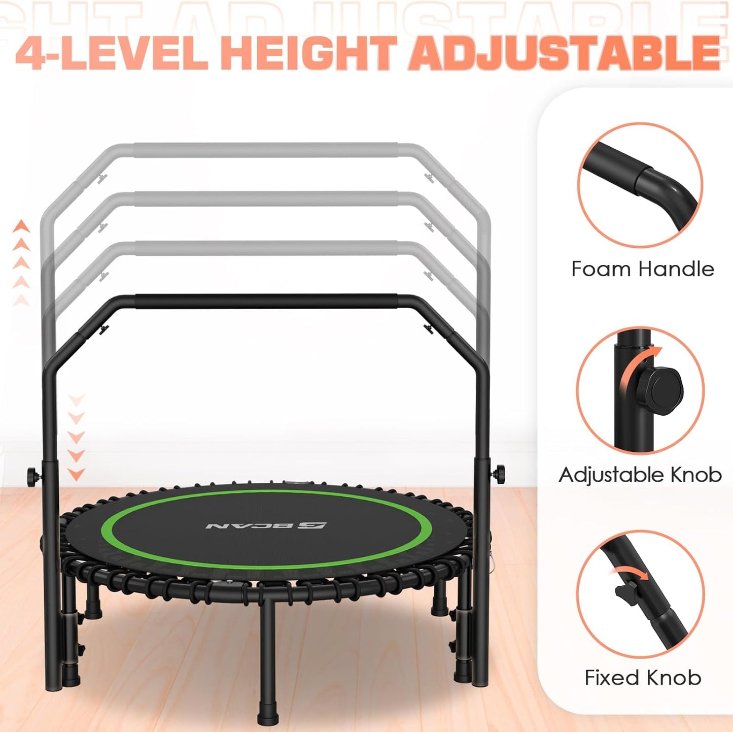 450/550 LBS Foldable Mini Trampoline, 40"/48"/50" Fitness Trampoline with Bungees, U/T Shape Adjustable Foam Handle, Stable & Quiet Exercise Rebounder for Kids Adults Indoor/Garden Workout