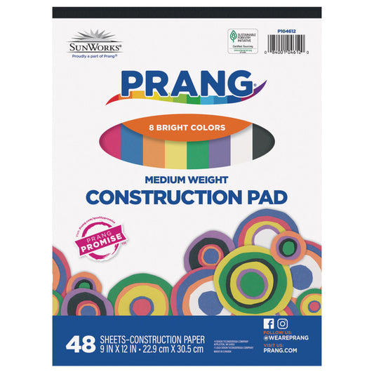 Construction Paper Pad, Medium Weight, 8 Assorted Colors, 9" x 12", 48 Sheets