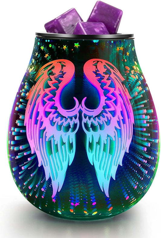 3D Angel Wings Glass Aroma Electric Wax Melt Warmer with LED 7 Colour Changing Light PTC Heating Removable Silicone Tray Oil Burner for Home…