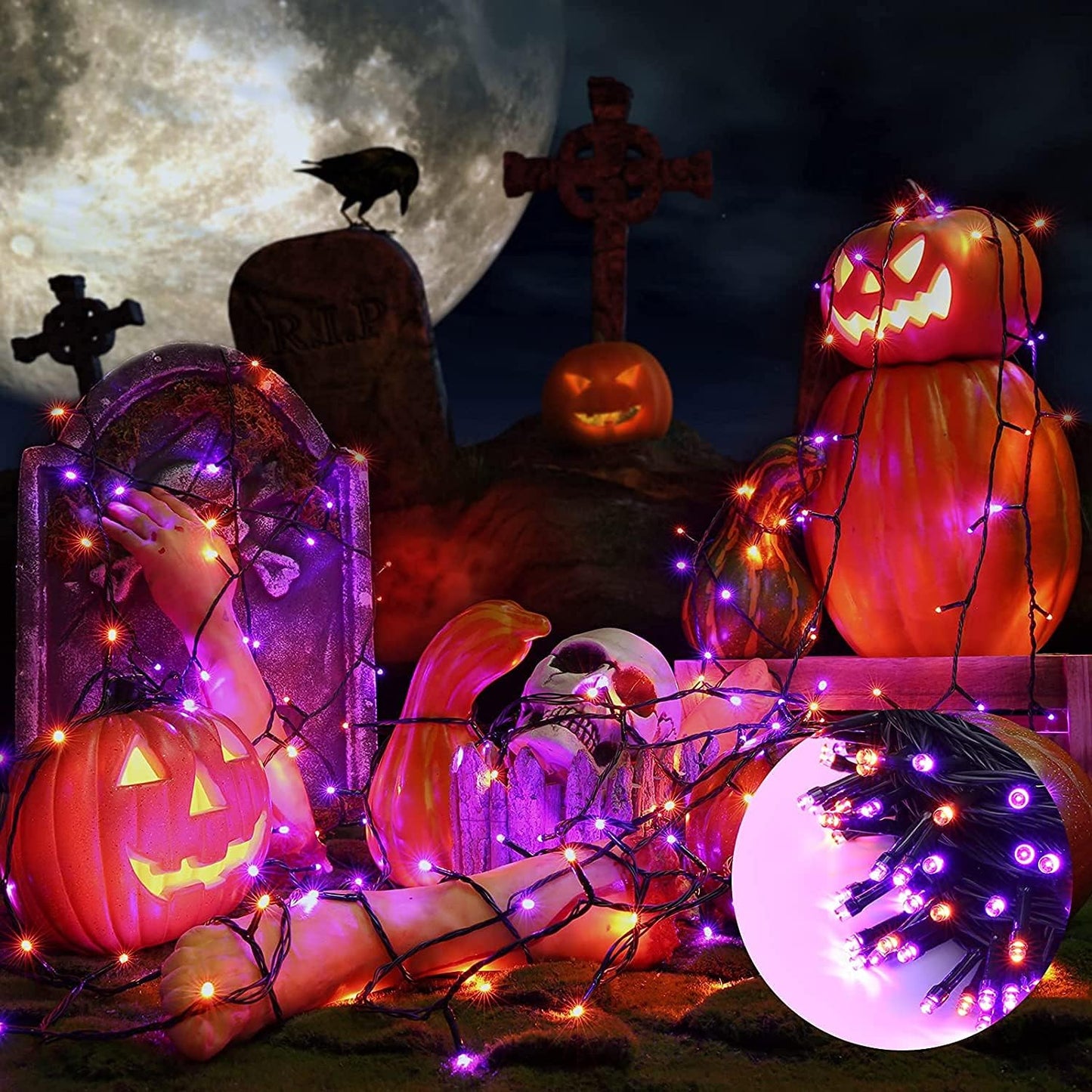 Orange Purple Halloween Lights 174FT 500 LED Halloween String Lights with 8 Modes Timer Waterproof Plug-In Orange Purple String Lights for Indoor Outdoor Halloween Decorations