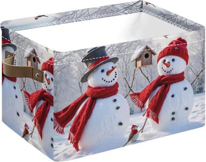 Christmas Snowmen Storage Baskets, Snowflake Red Gift Toy Storage Bins,Collapsible Rectangular Canvas Fabric Storage Bin with Leather Handles for Home,Offices,Bedroom