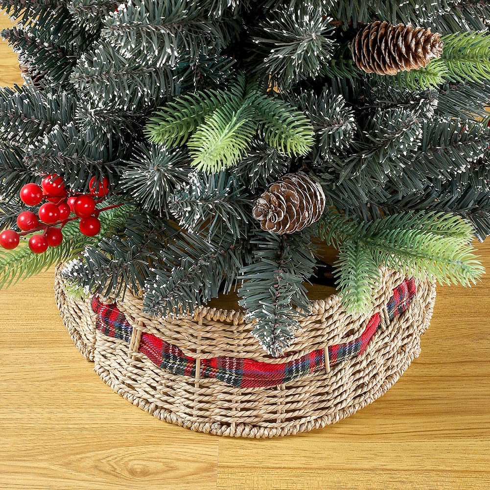 Farmhouse Christmas Tree Collar 12.6 Inch, Rustic Holiday Decoration, Natural Woven, Base Cover for Mini Christmas Tree