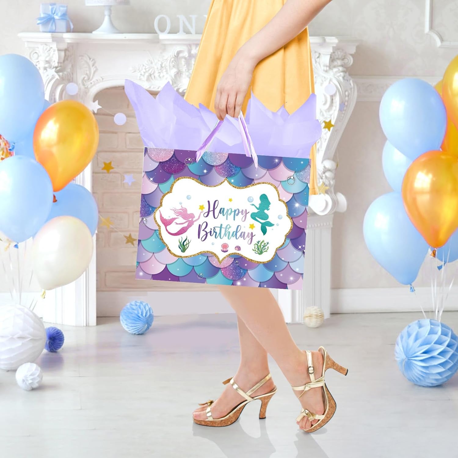 13" Large Mermaid Happy Birthday Gift Bag with Handle, Tissue Paper and Card for Kids Girls