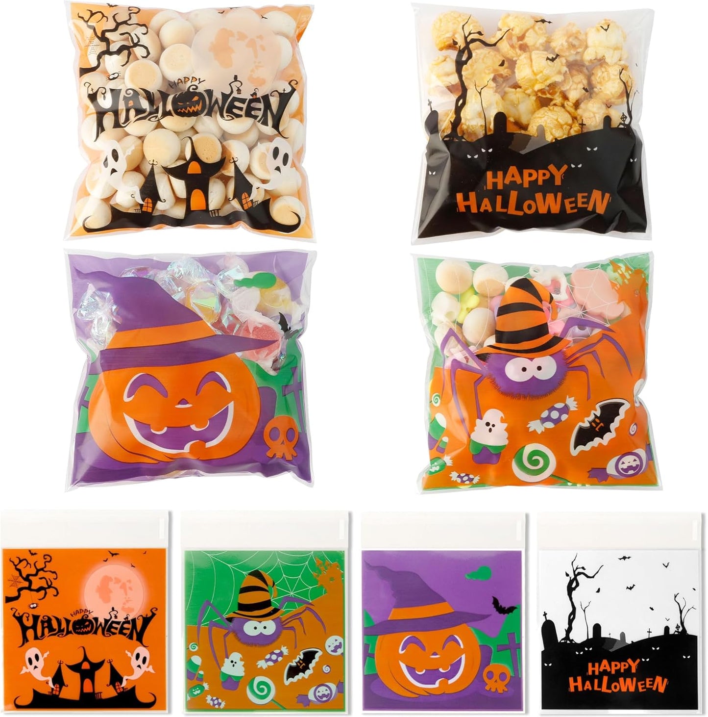 Halloween Treat Bags, 100PCS Self-Sealing Halloween Candy Bags, Halloween Trick or Treat Bags Halloween Cellophane Treat Bags Bulk Halloween Decorations Halloween Goodie Bags Snack Bags for Candy