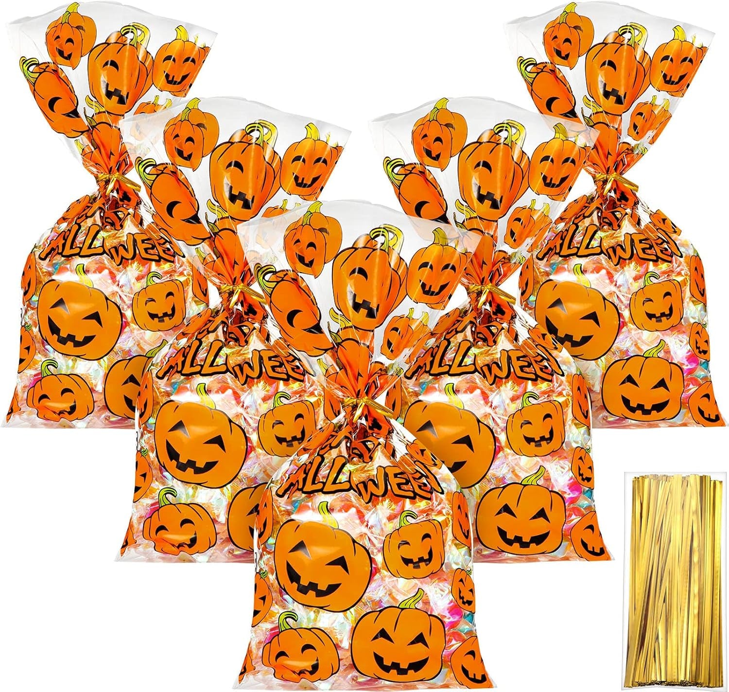 50 Counts 15 X 25 Cm Flat Clear Cellophane Treat Bags Block Bottom Pumpkin Halloween Patterned Storage Bags Sweet Bags with 300 Pieces Twist Ties for Halloween Christmas Party Favor(Style D)