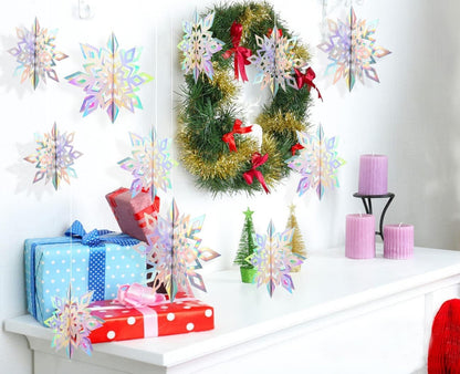 Christmas Hanging Snowflakes Decorations Clearance 15Pcs 3D Iridescent Paper Snowflakes Snow Flakes Garland for Winter Wonderland Frozen Christmas Birthday Party Decorations