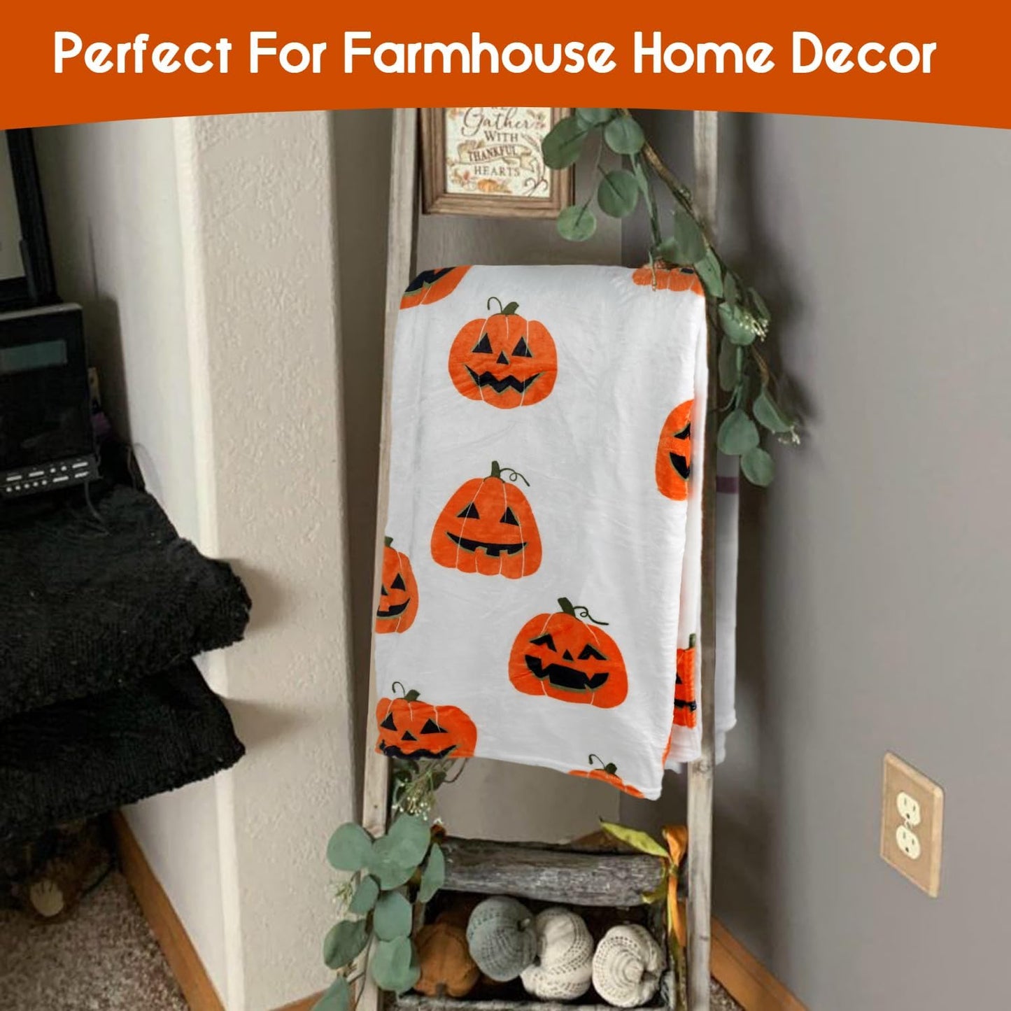 Halloween Blanket,Orange Halloween Pumpkin Face Blanket,Halloween Pumpkin Gifts for Women,Halloween Flannel Fleece Throw Blanket for Home Living Room Bed Chair Decor 60"X50"