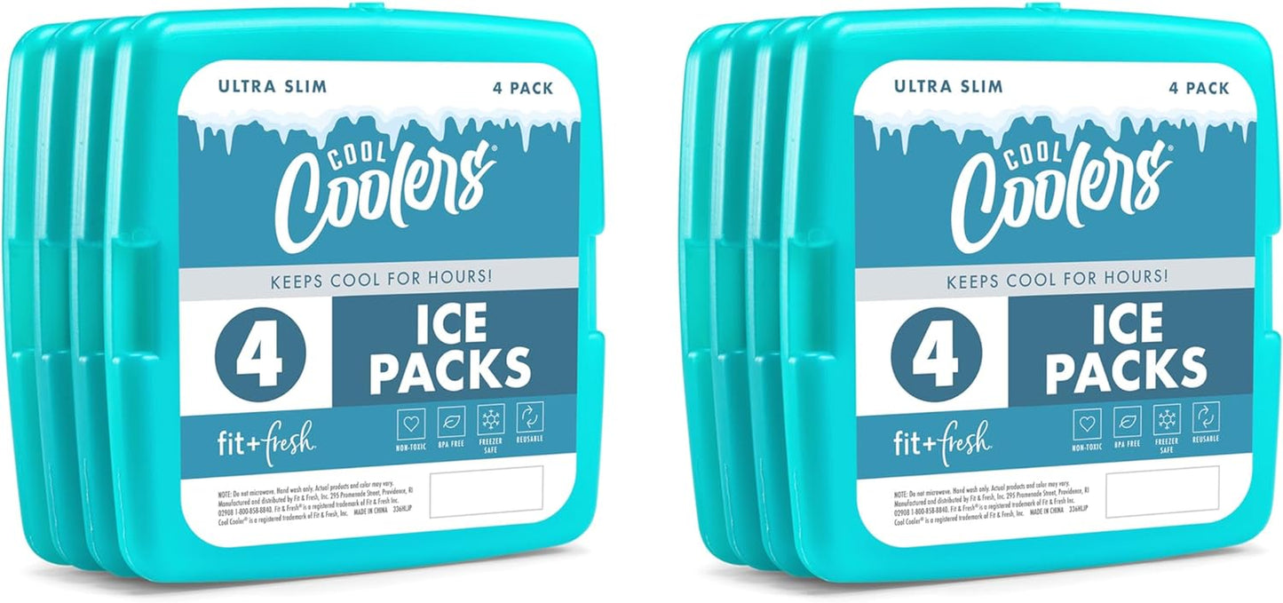 Cool Coolers by  4 Pack Slim Ice Packs, Quick Freeze Space Saving Reusable Ice Packs for Lunch Boxes or Coolers, Multi Colored