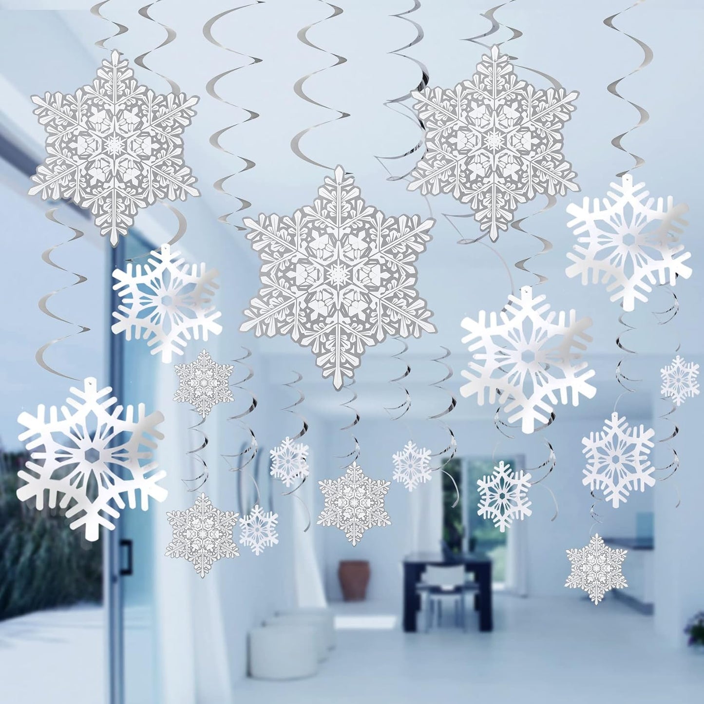 51Pc Christmas Snowflake Swirl Hanging Decorations - White Silver Ornaments for Holiday Winter Theme Parties