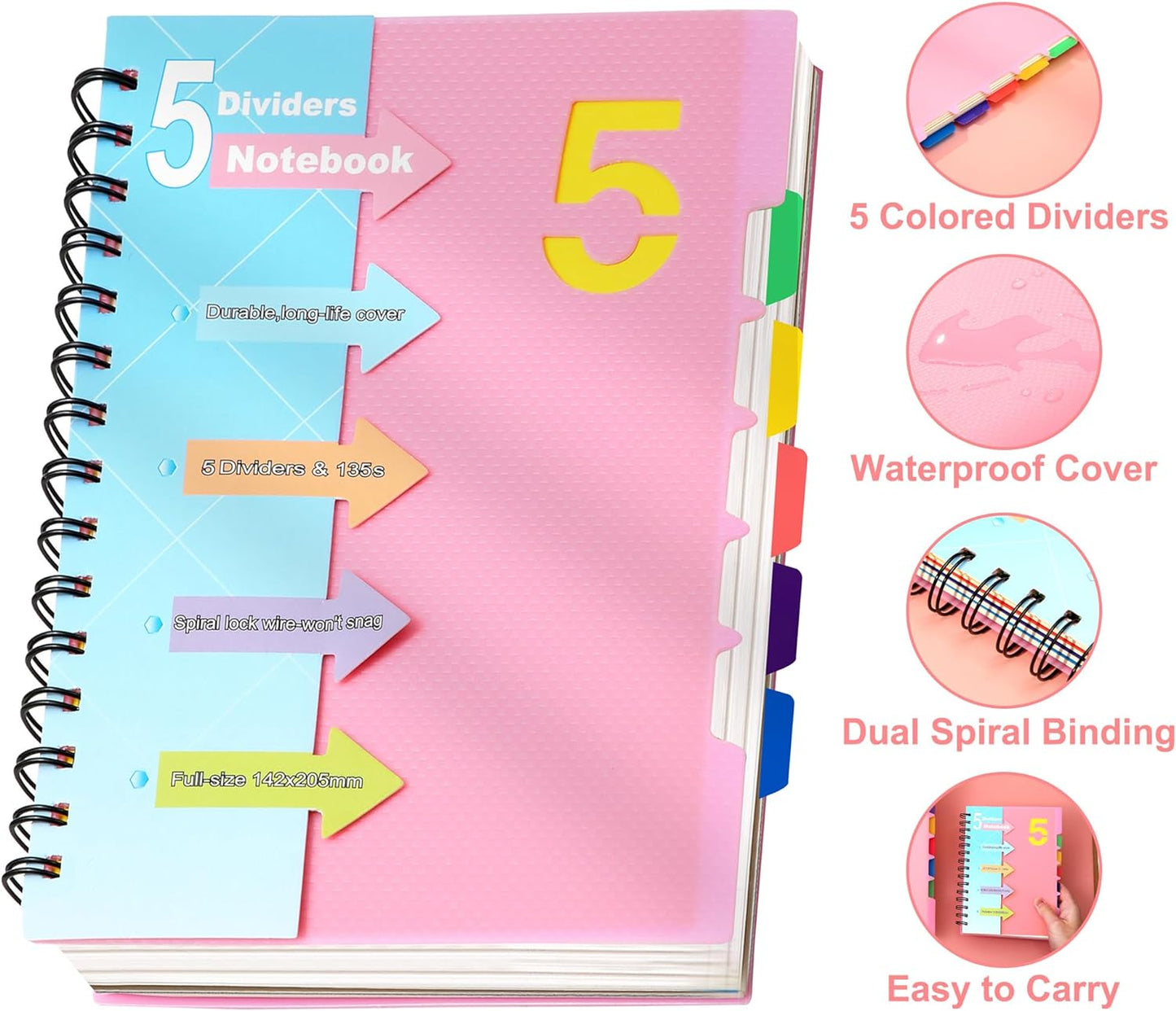 5 Subject Notebooks College Ruled Spiral Notebook 5X7 Hardcover Notebook with Divider Tabs 220 Pages Small Notebook for Work A5 Pink Spiral Notebook College Ruled Notebook for Note Taking School