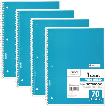 Spiral Notebook, 4 Pack, 1-Subject, Wide Ruled Paper, 7-1/2" X 10-1/2", 70 Sheets per Notebook, Colors Will Vary (72873)