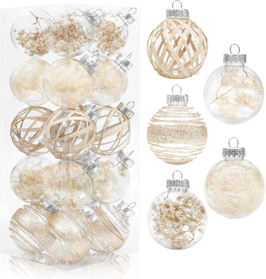 20PCS Christmas Ball Ornaments 70Mm/2.76" Large Shatterproof Clear Plastic Boho Farmhouse Neutral Rustic Christmas Ornaments Hanging Christmas Tree Decorations Ornaments Set Xmas Party Home Decor