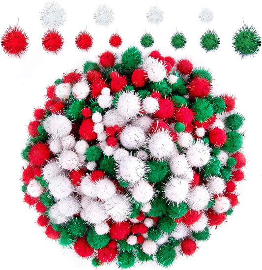 1200 Pieces Christmas Pom Pom Tinsel Pom Pom Balls Glitter Fluffy Pom Pom for Craft Making and Christmas Decorations (4 Sizes, White, Green, Red)