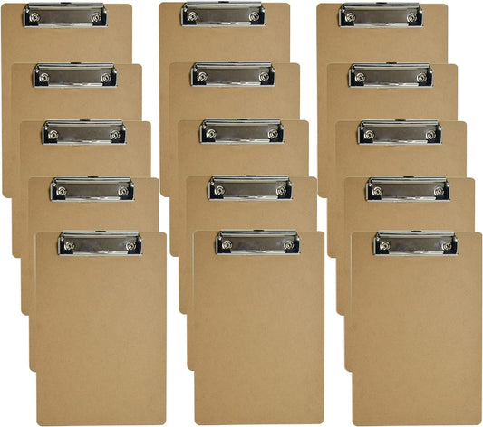 15 Pack Mini Clipboards 6 X 9 Inches Small Eco-Friendly Wood Hardboard A5 Memo Size Low Profile Clip with Hang Tab for Home, Office, School Classroom Supplies, Brown