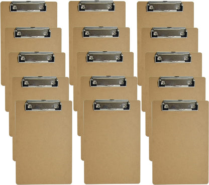 15 Pack Mini Clipboards 6 X 9 Inches Small Eco-Friendly Wood Hardboard A5 Memo Size Low Profile Clip with Hang Tab for Home, Office, School Classroom Supplies, Brown