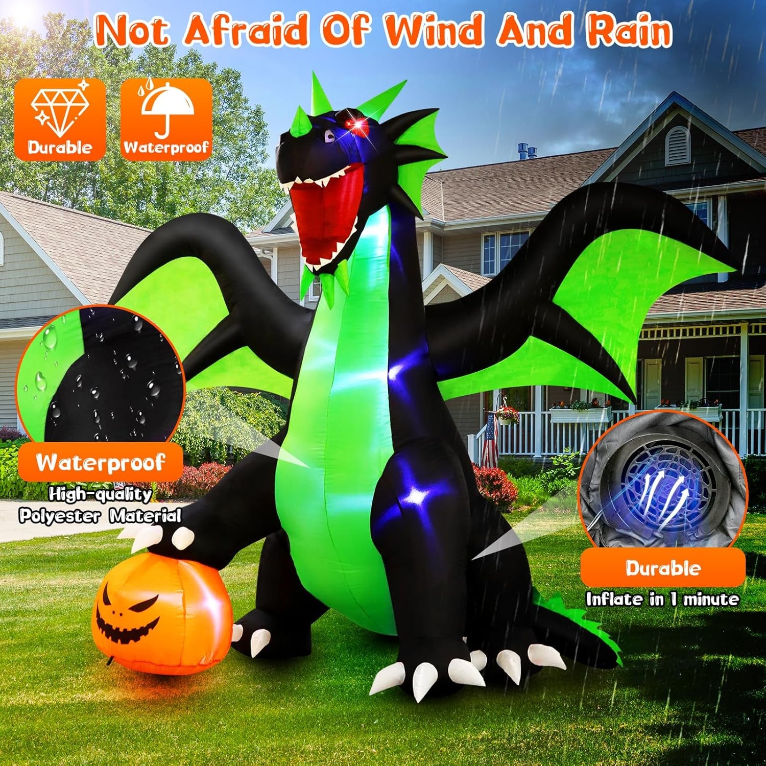 Halloween Inflatable Dragon Outdoor Decorations : 9FT Large Blow up Yard Dragon with Pumpkin and LED Lights for Halloween Fun Holiday Party Garden Lawn Decoration