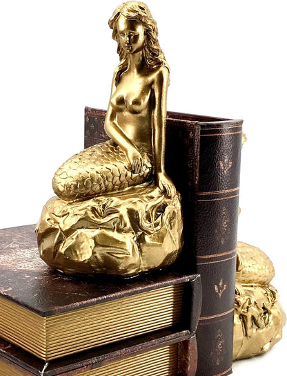 Mermaid Bookends Shelves Decorative Vintage Ariel Greek Mythology Nautical Coastal Sailor Book Ends Golden 7 Inch