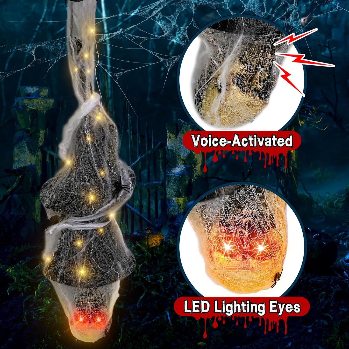 72 '' Cocoon Corpse Halloween Decorations, Scary Hanging Corpses Props with Lighted Full Body LED Eyes & Spooky Sounds, Halloween Outdoor Yard, Lawn Decoration, Haunted House Prop Decor